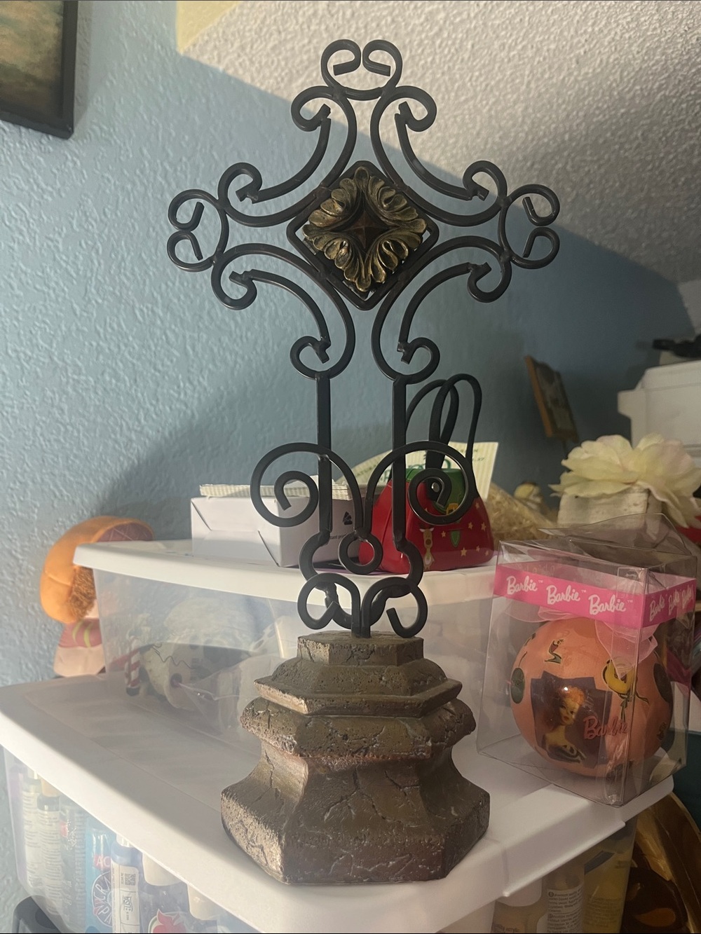 Metal Cross standing on a Base with grey colored accents Slightly Heavy 373